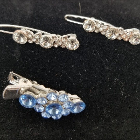 Set/3 Hair Baretts & Bracelet Blue Clear Stone - Picture 3 of 6